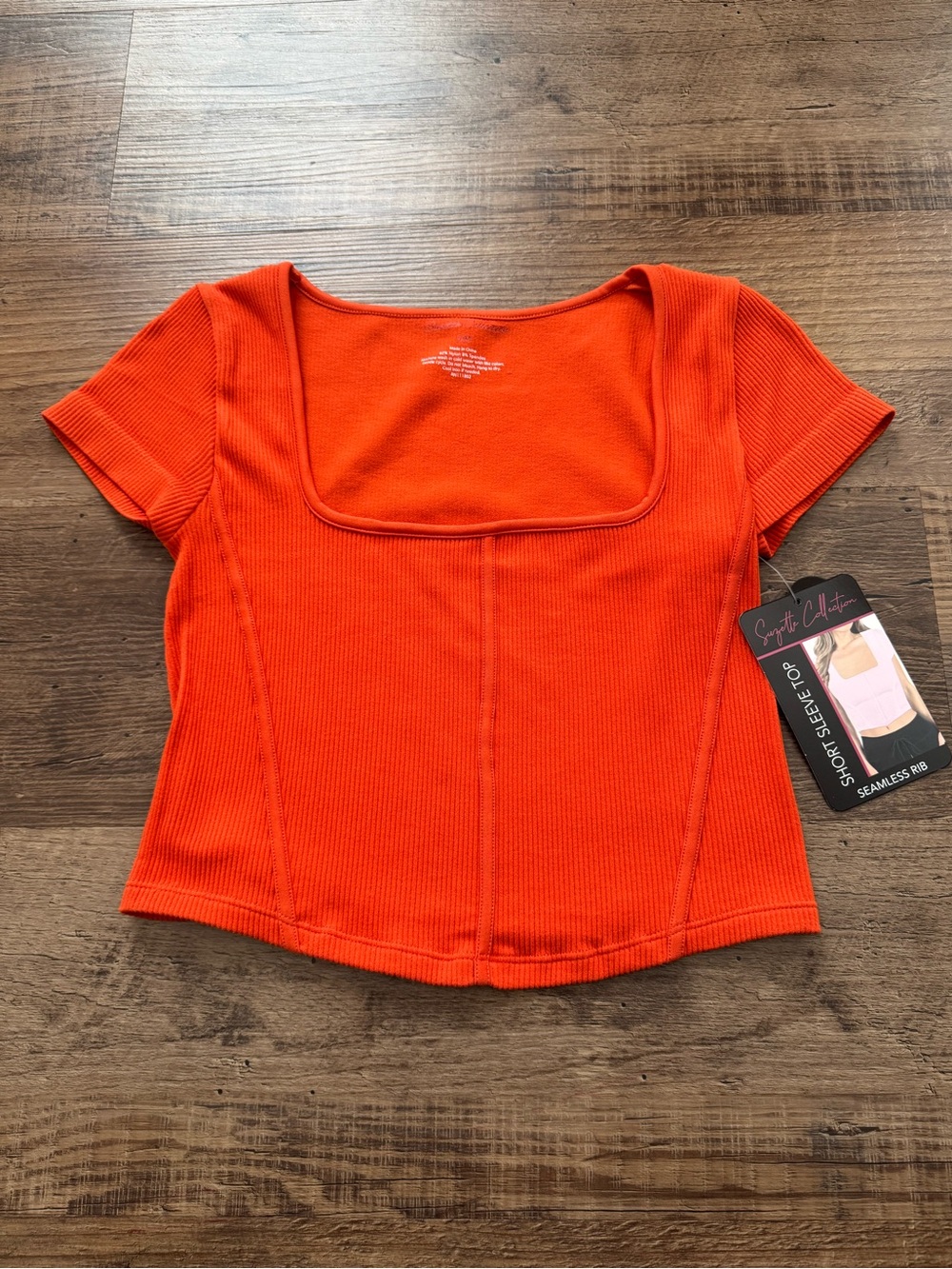 Orange Short Sleeve Top Small Crop Stretchy Square Neck Bright Rave Festival